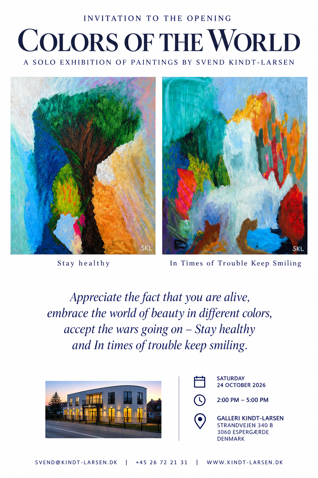 Invitation to the opening of Colors of the World, a solo exhibition by Svend Kindt-Larsen at Galleri Kindt-Larsen, Saturday 24 October 2026, 2–5 PM